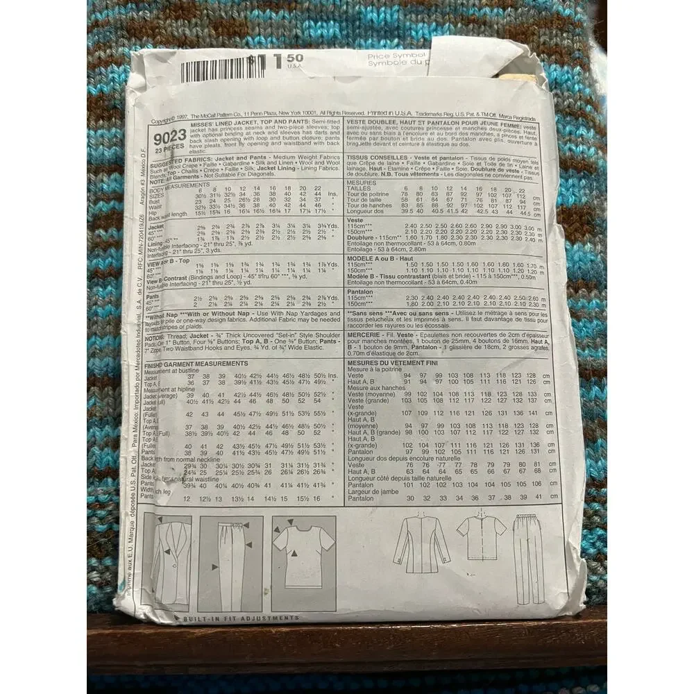 McCalls 9023 Sewing pattern suit blazer top pants size 22
